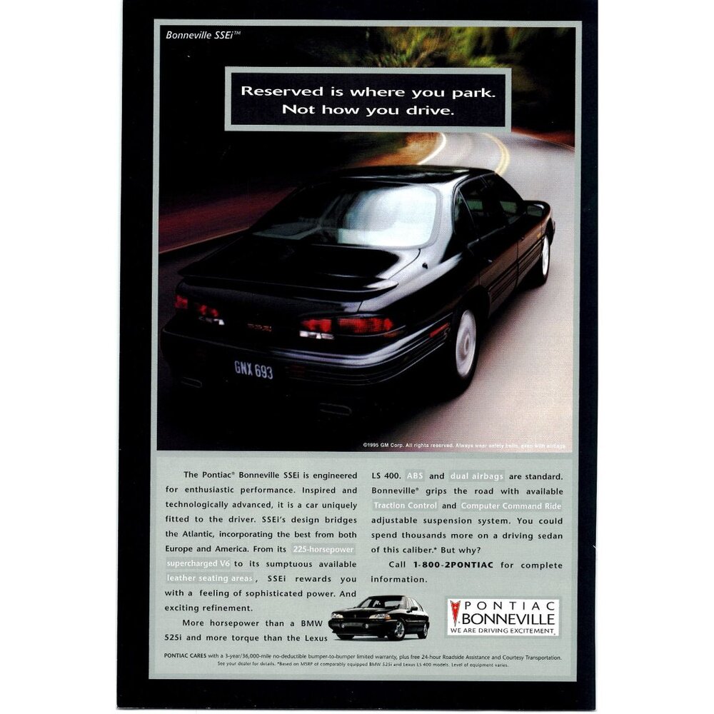 1995 Pontiac Bonneville Full Page Print Ad Original Black Car